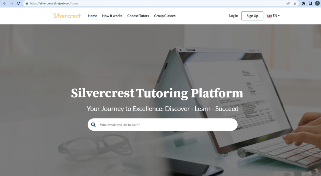 Screenshot of expected landing page for imaginary school called silvercrets